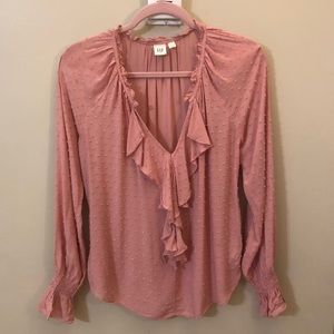 GAP ruffle blouse V neck long sleeve blush